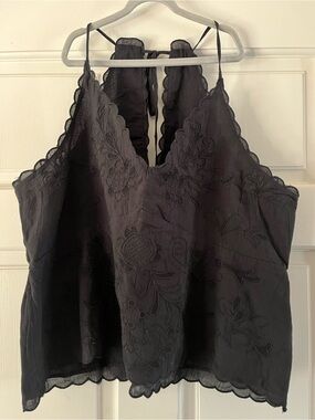American Eagle Outfitters Black Embroidered Scallop-Edge Halter Cami